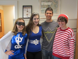 Math and Stat students (l-r) Alana Huszar (Derivative Girl), Rose Costanzo (Isomorphism), Vince Longo (Vince Wrongo), and Courtney Johnson (Where's Courney?) get into the Halloween spirit.